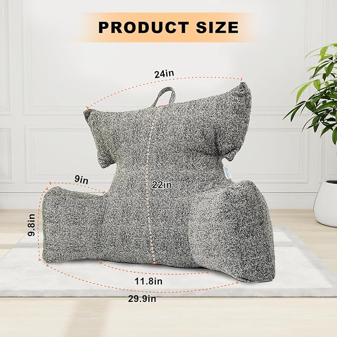 SUNSIDE Reading Pillow with Thickened Arm,Back Pillows for Sitting in Bed,Shredded Memory Foam Bed Rest Pillow with Side/Back Pocket,Backrest Cushion Suitable for Reading, Relaxing(Standard Grey)