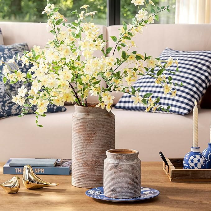Ceramic Flower Vase 7.5 inch Farmhouse Rustic Vase for Home Decor Handcrafted Pottery Terracotta Vases for Dining Table Decor Fireplace Living Room Bathroom Wedding Centerpiece (L-Terracotta)