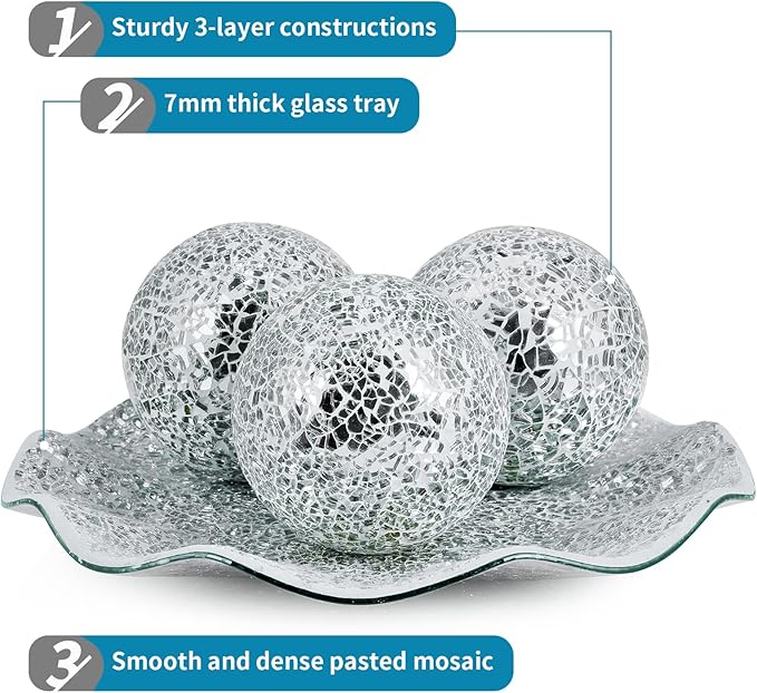 MDLUU Centerpiece Bowl and Balls Set, Mosaic Tray with 3 Pieces Spheres, 12" Decorative Plate with 4" Mosaic Orbs for Home Decor, Gift (Silver)
