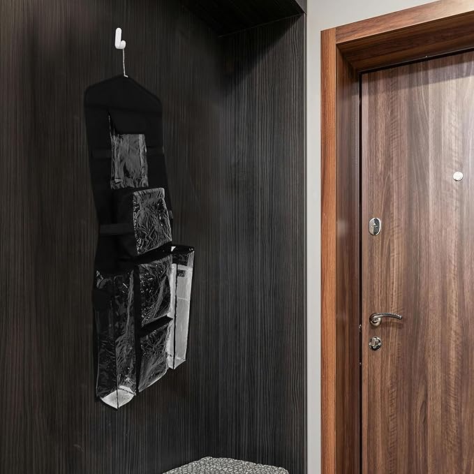 Hemobllo The Door Hanging Storage Organizer Bag for Wrap and Sundries, Black Fabric Hanging Pocket Organizer with Multiple Compartments for Closet and Door Storage