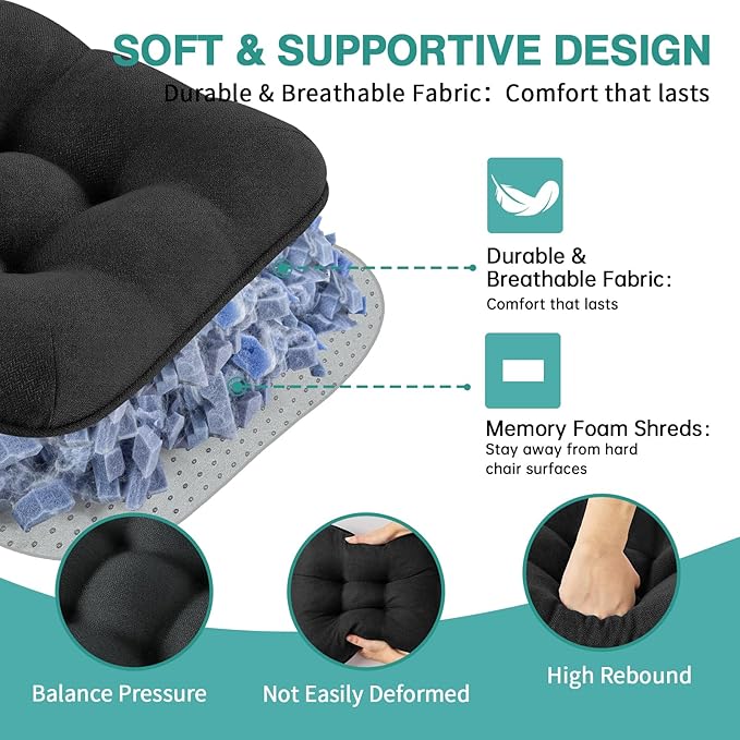 BETU Black Chair Cushions for Dining Chairs Set of 2,3.5" Thick Kitchen Table Chair Pads with Ties,Non Slip Backing and Covers,Seat Cushion for Dining Room,Bar,Patio Chairs,16"X16"X3.5",Black