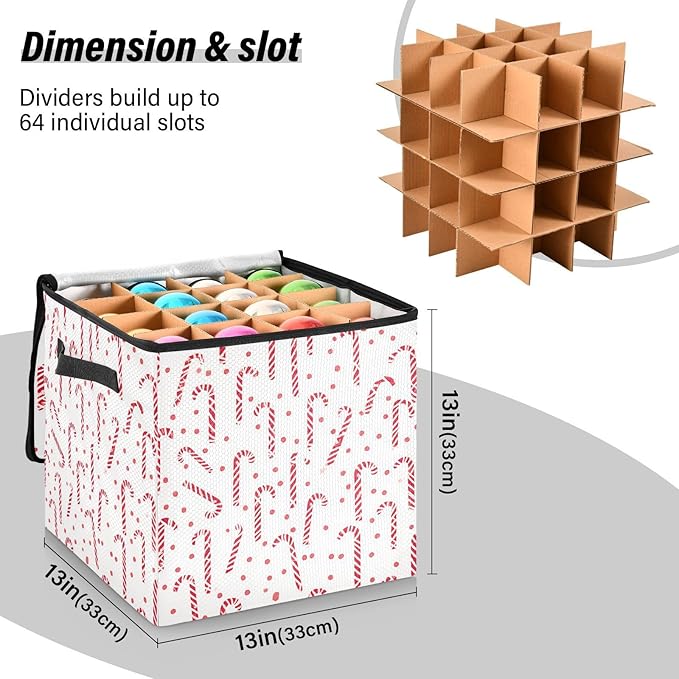Christmas Ornament Storage Basket Box Red White Candy Cane Holiday Storage Container Cube with Adjustable Dividers for 64 Holiday Ornaments or Decorations Keeps Clean and Dry for Next Season