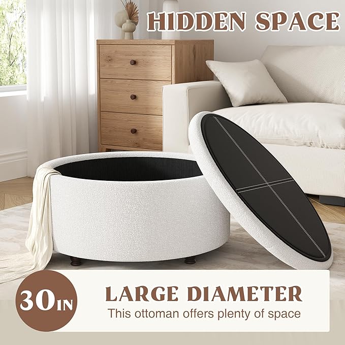 30 Inch Round Storage Ottoman,Modern Tufted Ottomans,Circular Coffee Table with Removable Top,Upholstered Large Ottoman with Storage Footrest Stool for Bedroom Living Room (Teddy White)