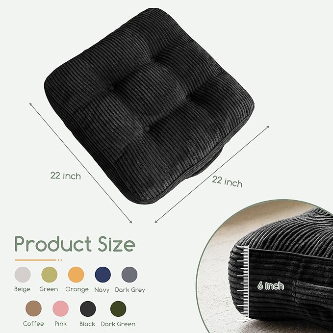 HIGOGOGO 6" Extra Thick Floor Pillow Cushion for Adults, Meditation Cushion Pillow, Large Square Floor Sitting, Tufted Corduroy Cover, for Tatami Living Room or Yoga, 22x22 Inch, 2Pack, Black