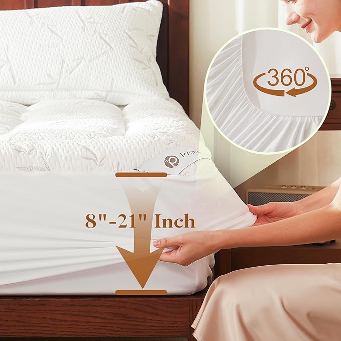 PRIMESOFT 100% Waterproof Full Size Mattress Topper, Thick Pillow Top Mattress Pad，Up to 21 Inch Deep Pocket, Soft Breathable Mattress Pad for Back Pain, Protector Cover(White)