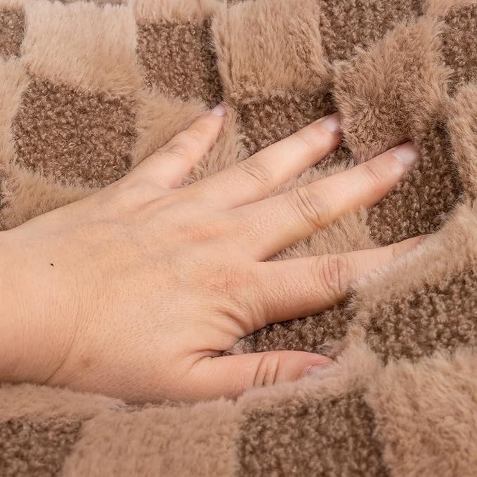 A Nice Night Faux Fur Reading Pillow,Checkered Fluffy Grid Plaid,Bed Wedge Pillow Large Adult Children Backrest with Arms for Bedrest,Brown