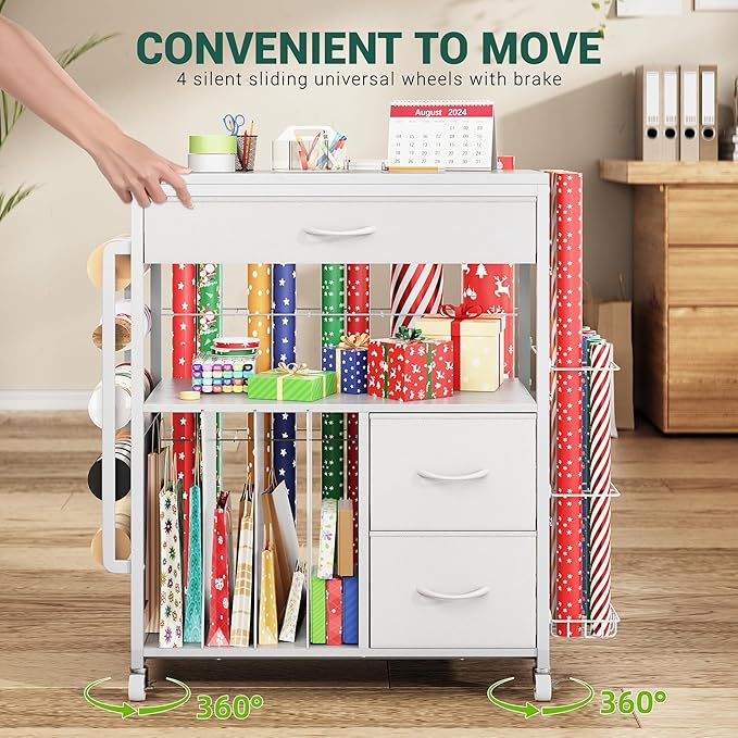 PUNLUXU Wrapping Paper Storage Cart, Rolling Gift Wrap Station with Ribbon and Gift Bag, Craft Organizer Holder, 03 MAX Patent Protected