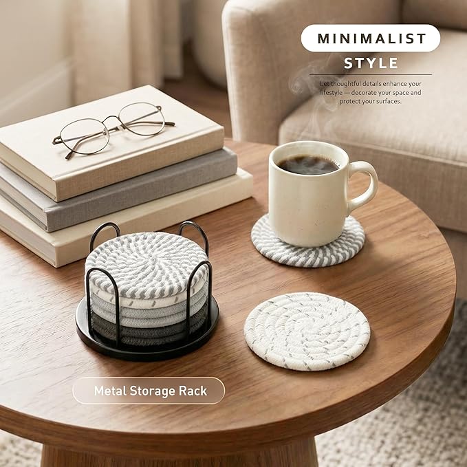 Lazebox Coasters Set of 8 for Drinks, Beer, Coffee, Cotton Woven 4 Colors Absorbent Coaster with Holder, Boho Coasters for Home Decor Tabletop Protection Suitable for Kinds of Cups