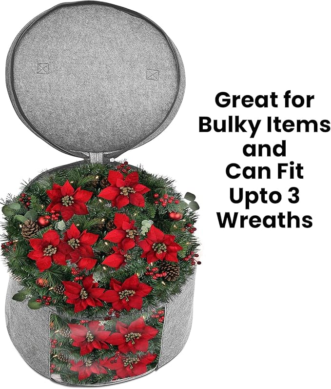Christmas Wreath Storage Bag,Collapsible Felt Holiday Garland Container with Zipper & Handle, Durable Wreath Organizer Bin for Seasonal Decor Storage 20 x 12 (GREY)