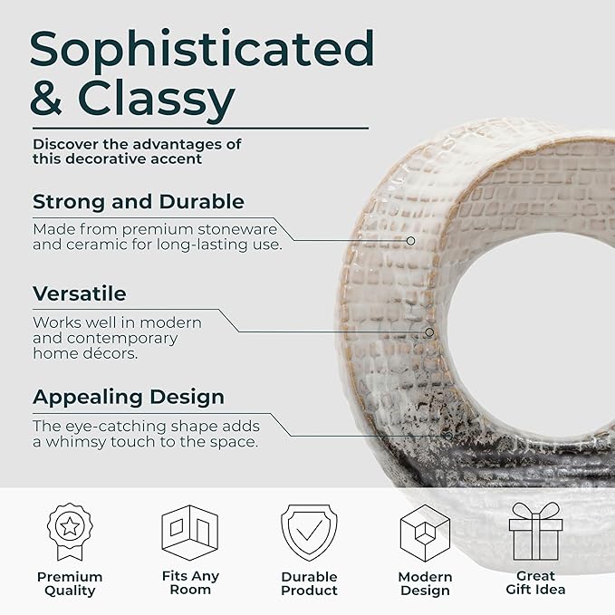 Ceramic Decorative Sculpture – Stoneware Table Accent, Tabletop Decor for Living Room or Office – Modern Decorative Object for Shelves and Consoles, Home Decor – 8", Ivory & Tan