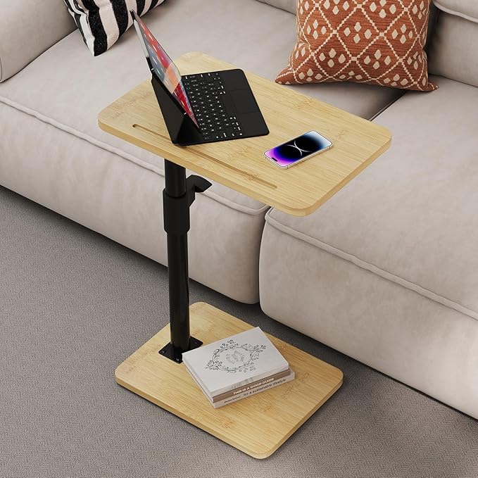2Pcs Sofa Armrest Tray Table - 360° Bamboo Swivel TV Trays - Height Adjustable Side Table for Bed or Chair with Phone and Tablet Slots - End Tables for Small Spaces (2PCS, Standard)