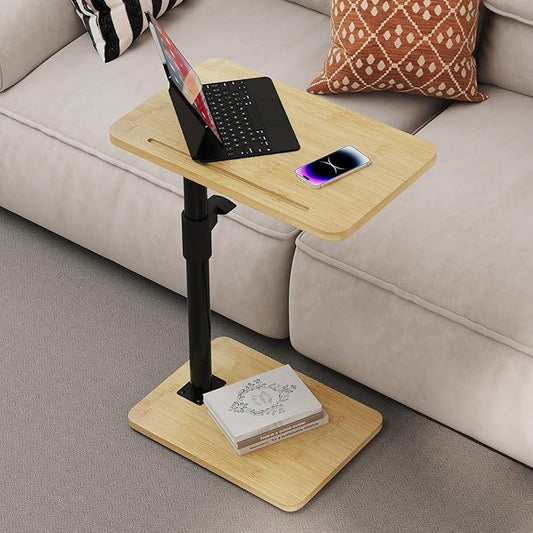 2Pcs Sofa Armrest Tray Table - 360° Bamboo Swivel TV Trays - Height Adjustable Side Table for Bed or Chair with Phone and Tablet Slots - End Tables for Small Spaces (2PCS, Standard)