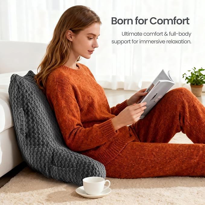 Reading Pillow for Bed Sitting Up, Backrest Pillow with Shredded Memory Foam Filling, Back Support Cushion, Bed Rest Pillow with Arms, Pockets and Washable Cover-Grey