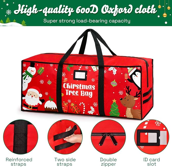 Christmas Tree Storage Bag, Fits Up 7.5 Ft Christmas Tree Durable 600D Oxford Holiday Storage Container with Wide Opening Dual Zippers (Snowman Penguin)
