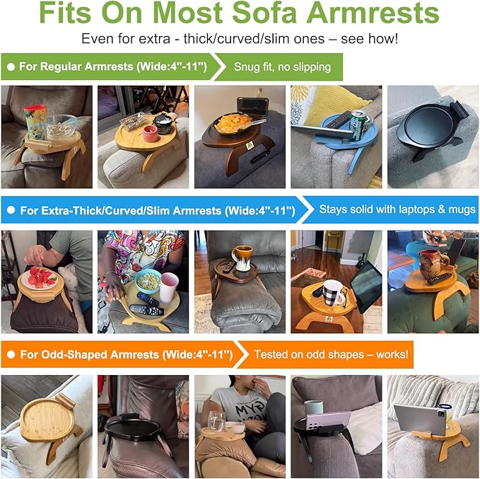 Couch Arm Tray Table,Bamboo Sofa Side Tables Clip-on Couch with 360° Phone Holder,Foldable Sofa Armrest Tray for Eating,Drink, Snacks, Coffee, TV,Remote