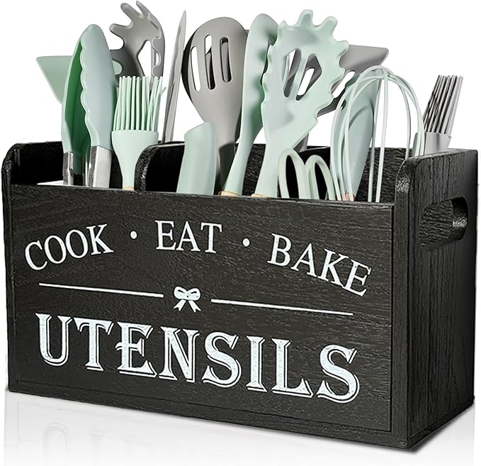 Wooden Kitchen Utensil Holder with 3 Compartments, Utensil Storage Organizer for Kitchen Counter, Farmhouse Decor & Rustic Cooking Tools Storage(Black)