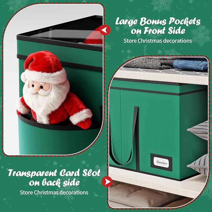 Christmas Figurine Storage Box & Nutcracker Storage Containers with Visible Lid and Cardboard Dividers, Keeps 8 Holiday 15"-Figurine Collectibles, Xmas Decoration Storage Bag, 600D Oxford / Green
