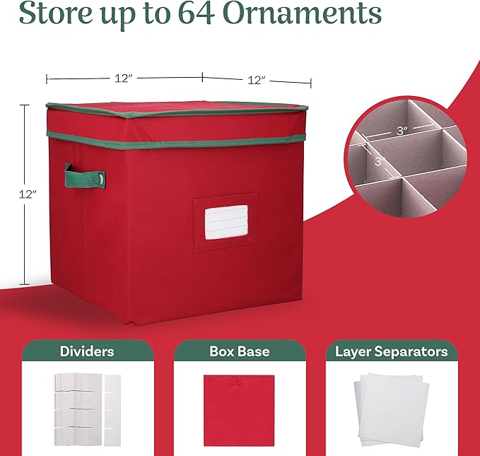 Elf Stor Christmas Box with Adjustable Dividers and Lid Ornaments Storage, Red (Pack of 4)