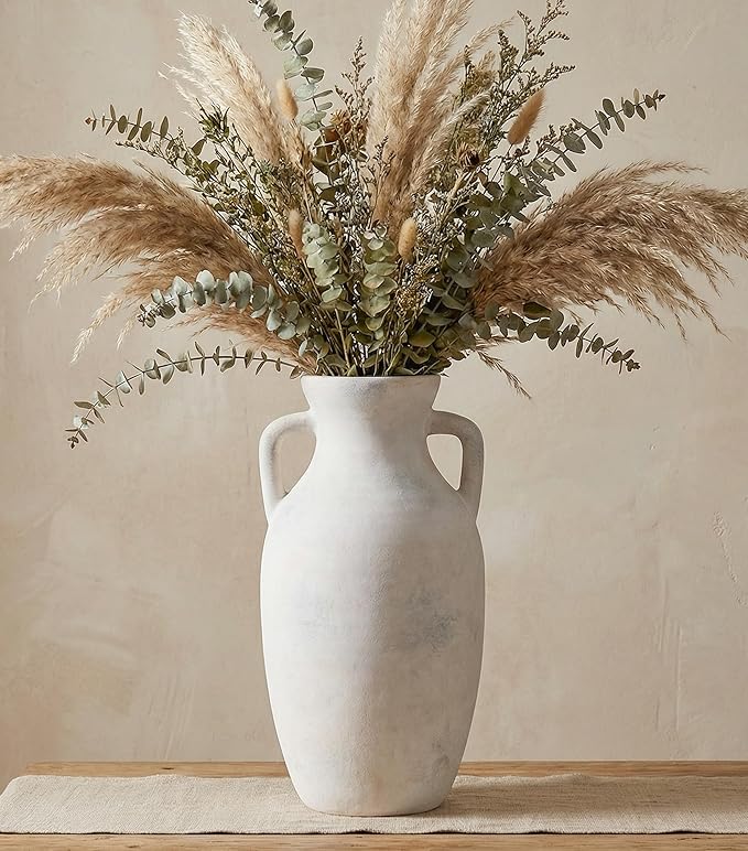 Ceramic Flower Vase with Handles, Neutral Tall Clay Decorative Terracotta Vases Farmhouse Table Vases Living Room Decor Rustic Pottery Pots for Home Shelf Coffee Dining Desk (A-12 h-Antique Beige)