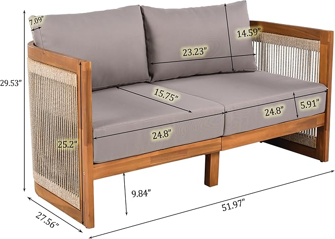Christopher Knight Home Nesbit 4 Pieces Conversation Set, Acacia Wood Chat Set, Woven Rope Loveseat and Accent Chairs, Slat Panel Coffee Table, Patio Furniture Set for Backyard Balcony Garden, Gray