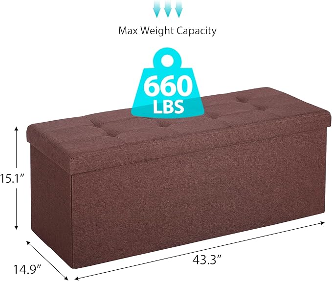 ZenStyle 43Inches Storage Ottoman Bench, Folding Footrest Padded Seat, Storage Chest Long Shoes Bench with Divider, Holds up to 660 lbs, for Living Room, Entryway, Bedroom, Brown