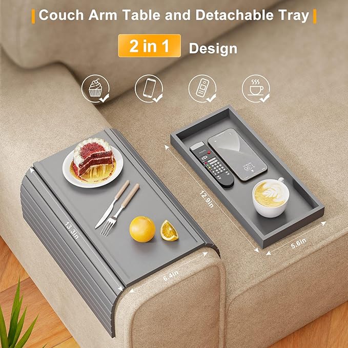 Bestjing Bamboo Sofa Armrest Tray Table for Couch - 2-in-1 Foldable Couch Arm Table with Be Slide Detachable Tray- Anti-Slip Sofa Armchair Caddy for Drinks Cellphone TV Remote Snacks(Gray)