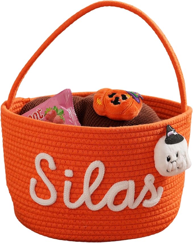 JUPPE Personalized Halloween Trick or Treat Basket, Custom Cotton Rope Candy Storage, Multi-Color, Medium 10x8 inches (Style 9)