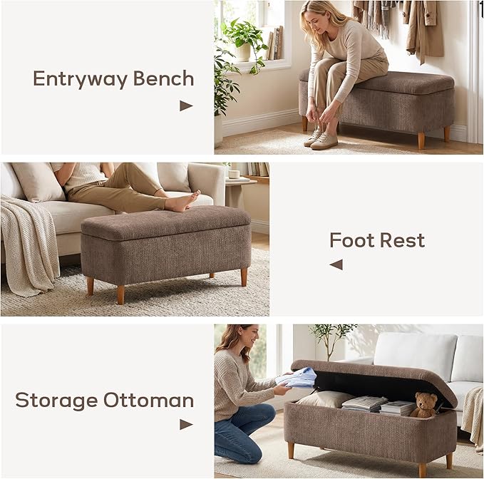 39.4”Ottoman with Storage Set of 2,Upholstered Comfy Storage Bench Ottoman with Wooden Legs,End of Bed Bench Footstool for Hallway Entryway Bedroom Living Room Corner Brown