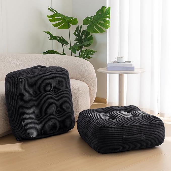 HIGOGOGO 8" Extra Thick Floor Pillow Cushion for Adults, Meditation Cushion Pillow, Large Square Floor Sitting, Tufted Corduroy Cover, for Tatami Living Room or Yoga, 22x22 Inch, 2Pack, Black