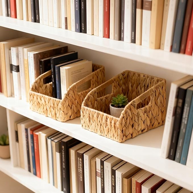 Wicker Baskets for Organizing, Pantry Baskets with Built-in Handles, Handwoven Wicker Storage Basket, Water Hyacinth Storage Bins for Shelves, Small - 2pcs, Natural