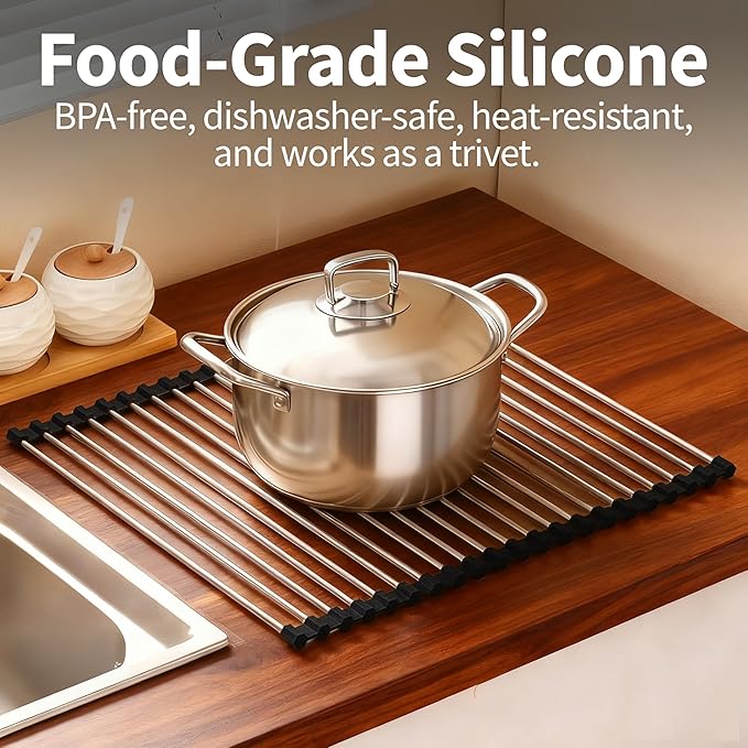 Roll Up Dish Drying Rack for Over Sink - 17.5"x15.7" Foldable Stainless Steel Kitchen Drainer, Black