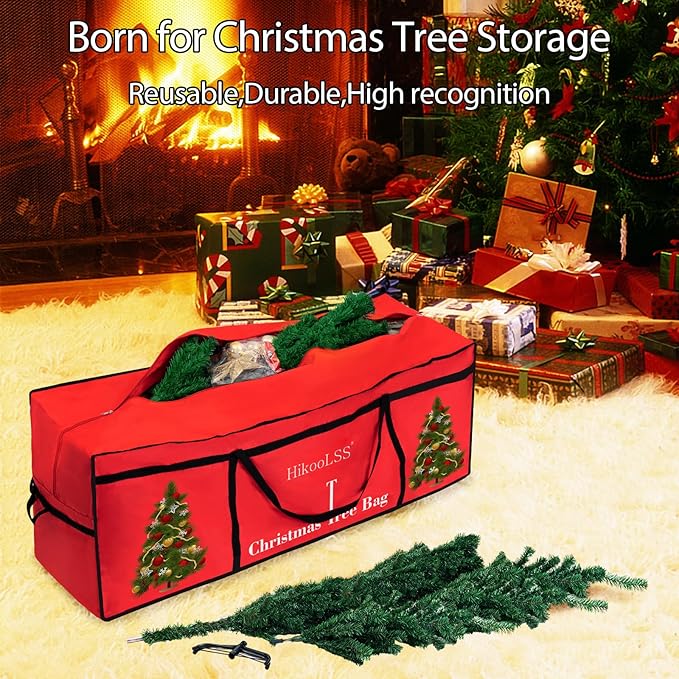 HikooLSS Christmas Tree Bags Storage 7.5 Ft Christmas Tree Storage Bag, Reusable Heavy Duty 600D Oxford Santa Tree Box/Container/Holder for Large Artificial Xmas Tree/Holiday Trees Red(60X18X25in)