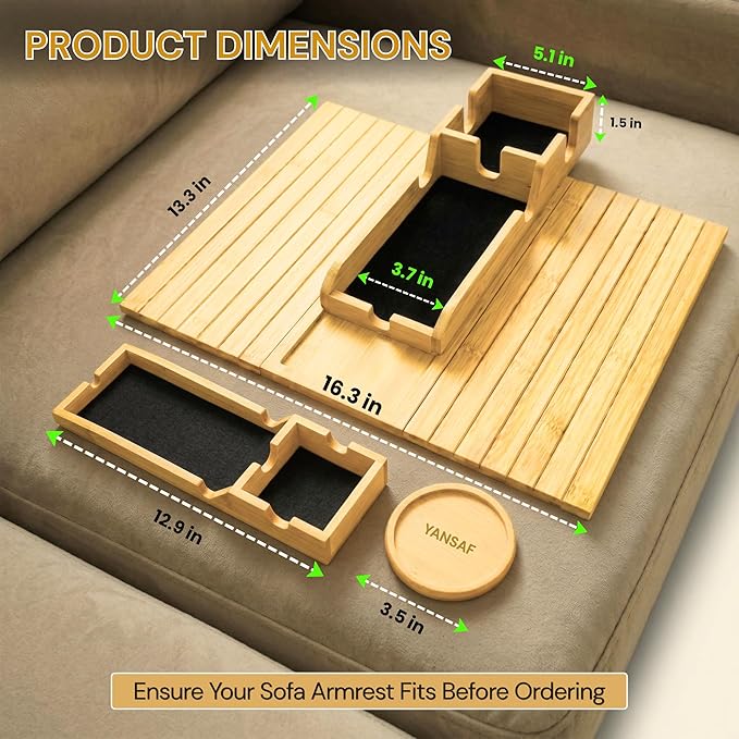 4-in-1 Detachable Bamboo Couch Cup Holder & Arm Tray with 2 Wooden Coasters, Anti-Slip Sofa Arm Tray, Foldable Couch Armrest Table, Organizer for Drinks, Snacks, Remote & Phone