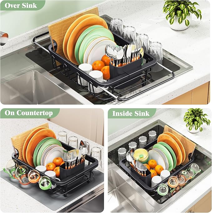 Urackify Expandable Dish Drying Rack Over The Sink, Adjustable Dish Rack in Sink, Rustproof Dish Drainer for Kitchen Counter, Dish Strainer with Utensil Holder, Black