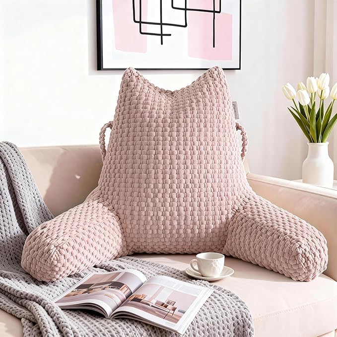 Reading Pillow for Bed Sitting Up, Backrest Pillow with Shredded Memory Foam Filling, Back Support Cushion, Bed Rest Pillow with Arms, Pockets and Washable Cover-Pink