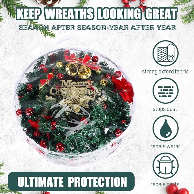 Shappy 1 Pcs 36 Inch Back to School Wreath Storage Container Clear Wreath Storage Bags PVC Waterproof Garland Bags with Clear Window Dual Zippers and Handles for Holiday Artificial Garland (White)