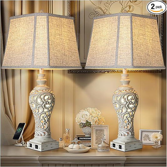 LuxSight Collection 32" Tall Table Lamps Set of 2 - Bedside Lamp with Fabric Shades - for Bedroom and Living Room with USB and Nightlight - Perfect for Nightstands and Bedrooms - Bulbs Included