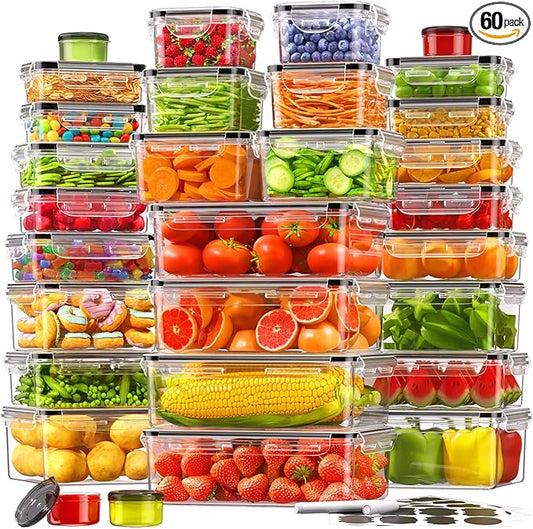 60 PCS Food Storage Containers with Lids Airtight (30 Containers & 30 Lids), 100% Leak Proof Meal Prep Container for Kitchen, BPA-Free Plastic(Polypropylene5), Microwave/Dishwasher Safe, Labels & Pen
