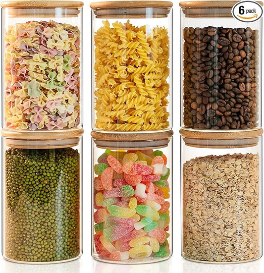 Liuruiyu Glass Food Storage Jars 6-Pack 37oz - 4x6 in-Clear Glass Food Canisters with Bamboo Lid Airtight For Serving Tea, Coffee, Flour, Sugar, Candy, Cookie, Spice and More (Circular)