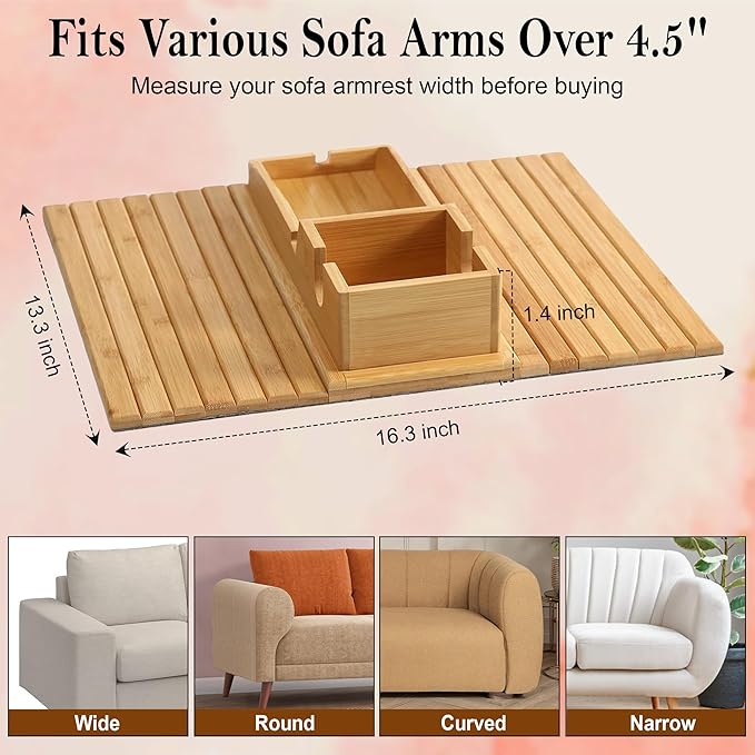 Adjustable 2-in-1 Sofa Cup Holder Tray (Fits 4.5” to 14” Arms) - Foldable Bamboo Couch Caddy with Cup Holder Drink Organizer - Detachable Armchair Caddy with Sofa Arm Tray for Phone Remote Snack.