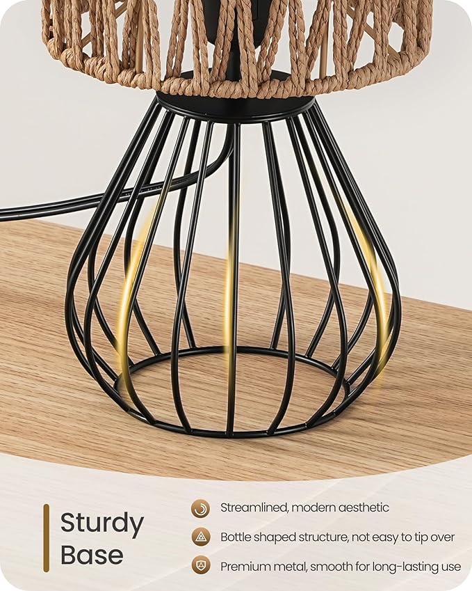 Rattan Table Lamp, Boho Table Lamp, Small Bedside Lamp, Handwoven Paper Lampshade, 2700K LED Bulb Included, Boho Desk Lamp, Modern Nightstand Lamp for Bedroom, Living Room, HW06TL05