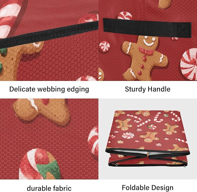 Gingerbread Man Red Christmas Ornament Storage Basket Box Winter Snowflake Bells Xmas Holiday Storage Container Cube with Adjustable Dividers for 64 Holiday Ornaments or Decorations