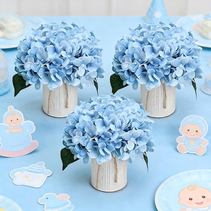 Flower Table Centerpieces - Set of 6 Floral Arrangement Artificial Wedding Hydrangeas Floral Arrangement with Rustic Metal Vase for Bridal Tea Party Event Decorations - Pastel Blue