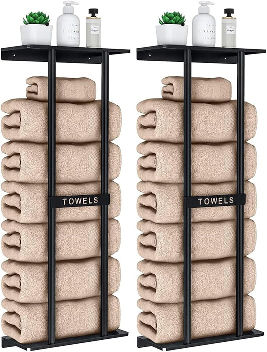 STWWO Towel Racks for Bathroom, Bathroom Towel Storage Wall Mounted 30 inch with Shelf Can Holds 6 Large Towels, Wall Towel Rack for Rolled Towels, Black (Pack of 2)