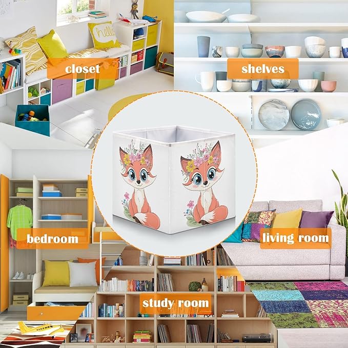 Foldable Storage Cube Fox Flowers Wreath Organizer Basket for Home Shelf