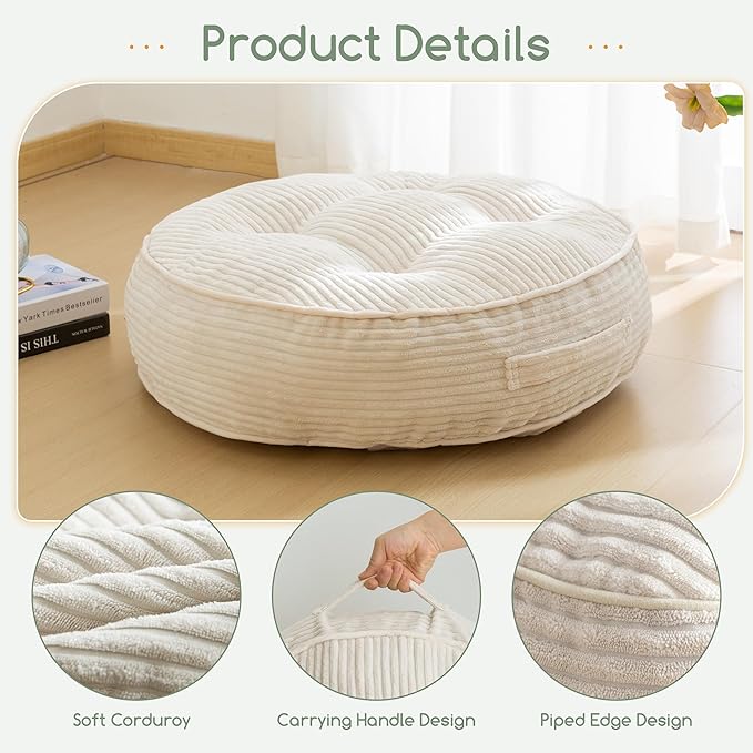 HIGOGOGO 6" Extra Thick Floor Pillow Cushion for Adults, Meditation Cushion Pillow, Large Round Floor Sitting, Tufted Corduroy Cover, for Tatami Living Room or Yoga, 22x22 Inch, 2Pack, Beige