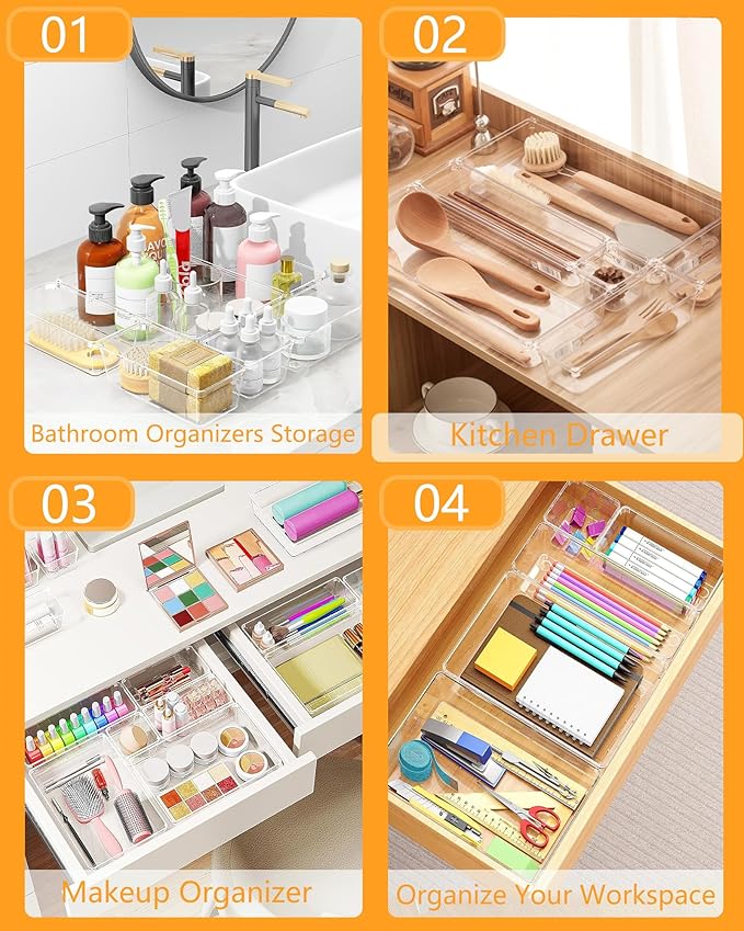 Clear Drawer Organizers Set of 25, 4-Size Vanity Organizer Trays, Stackable Bathroom & Desk Drawer Organizer for Makeup, Jewelry, Kitchen Utensils, Office Supplies and Small Gadgets Storage