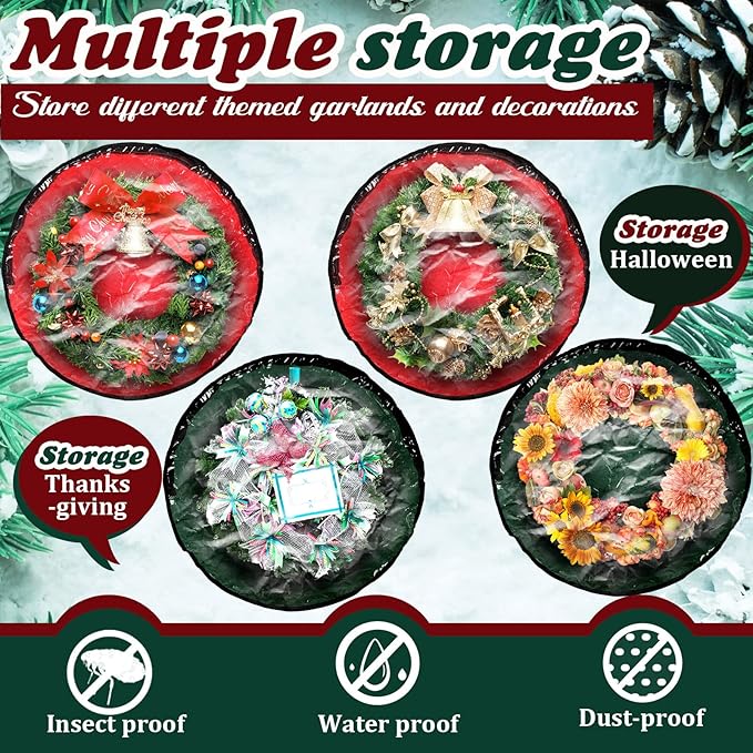 Dunzy 8 Pieces Christmas Wreath Container 24×24×7.8 Inch Wreath Storage Bag Garland Tear Resistant Fabric Round Boxes with Clear Window for Storage Xmas Holiday Ornament(Red, Green)