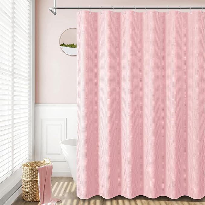 Dynamene Stall Fabric Shower Curtain - 60 x 84 inch Long Waffle Weave Weighted Thick Cloth Shower Curtains for Bathroom, Neutral Heavy Duty Hotel Spa Luxury Bath Curtain Set with 10 Hook, Pink