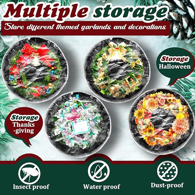 Dunzy 8 Pieces Wreath Container Christmas Wreath Storage Bag Garland Tear Resistant Fabric Round Boxes with Clear Window for Storage for Xmas Holiday Ornament(24×24×7.8 Inch,Black)